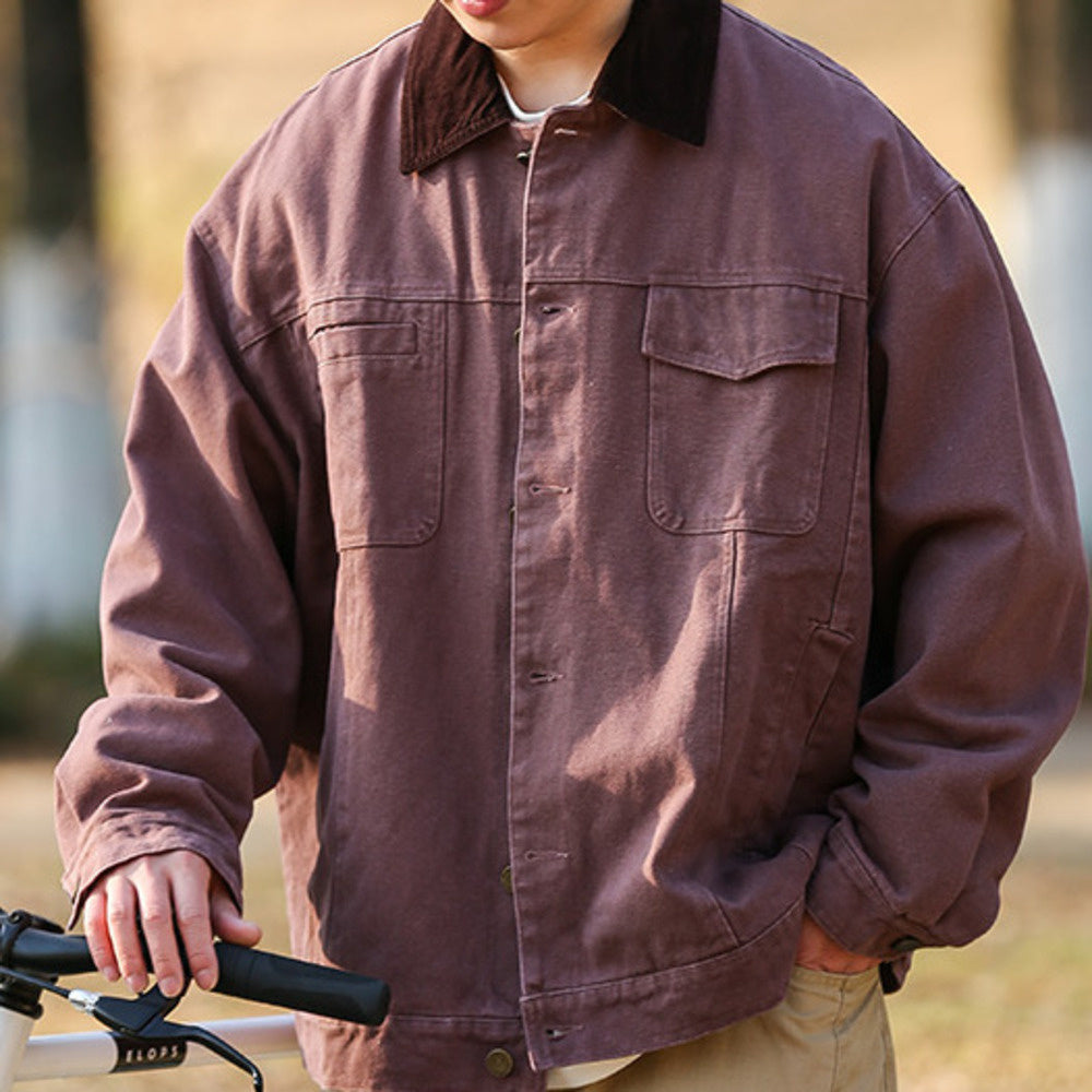 秋季翻領純色牛仔夾克男女寬松復古底特律多口袋工裝外套