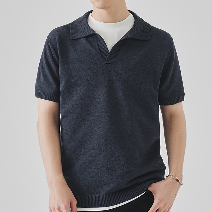 夏季針織短袖polo衫男高級感純色翻領休閒T恤上衣馬球衫