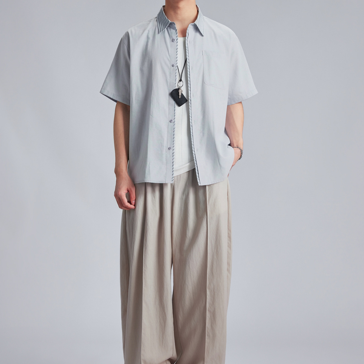棉麻條紋領撞色短袖襯衫男夏季寬鬆潮流百搭通勤開衫短袖襯衣
