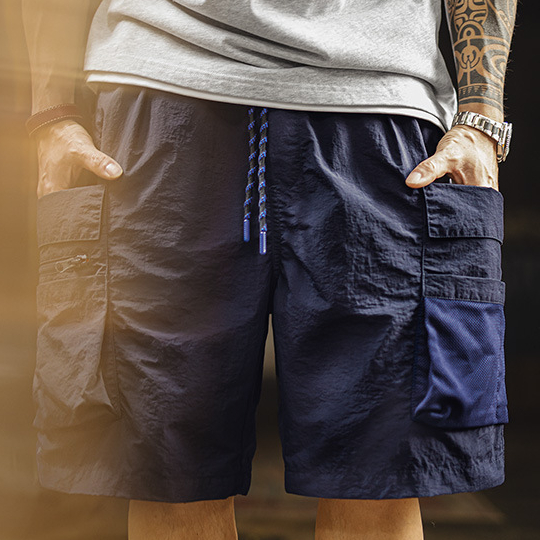 美式多口袋短褲速幹機能藏青色戶外輕薄款抽繩五分褲男夏