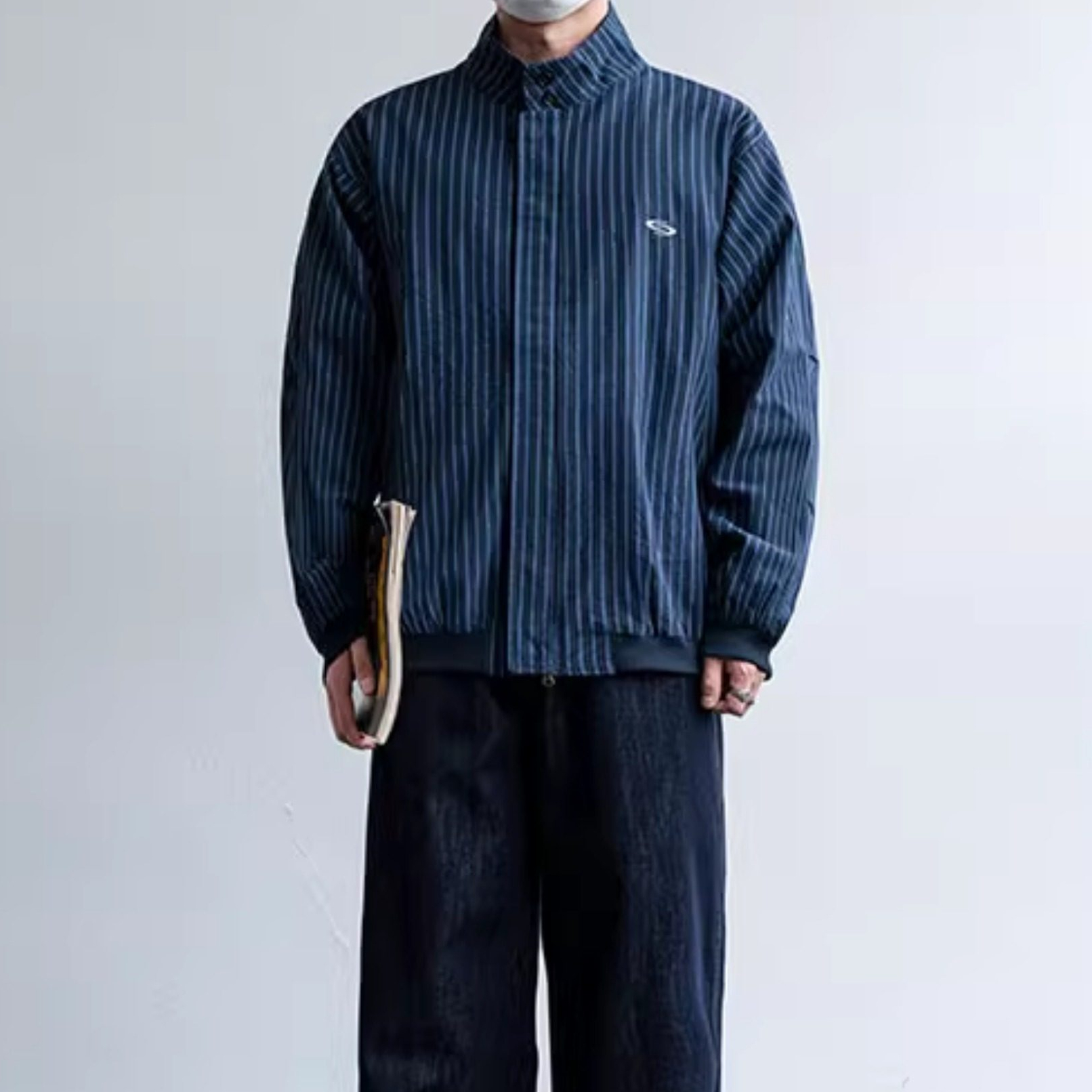 美式潮牌古布條紋哈靈頓夾克男秋季新款寬鬆休閒立領男裝外套