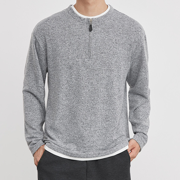 重磅260g半拉鍊假兩件圓領T恤男春季麻灰肌理親膚休閒長袖