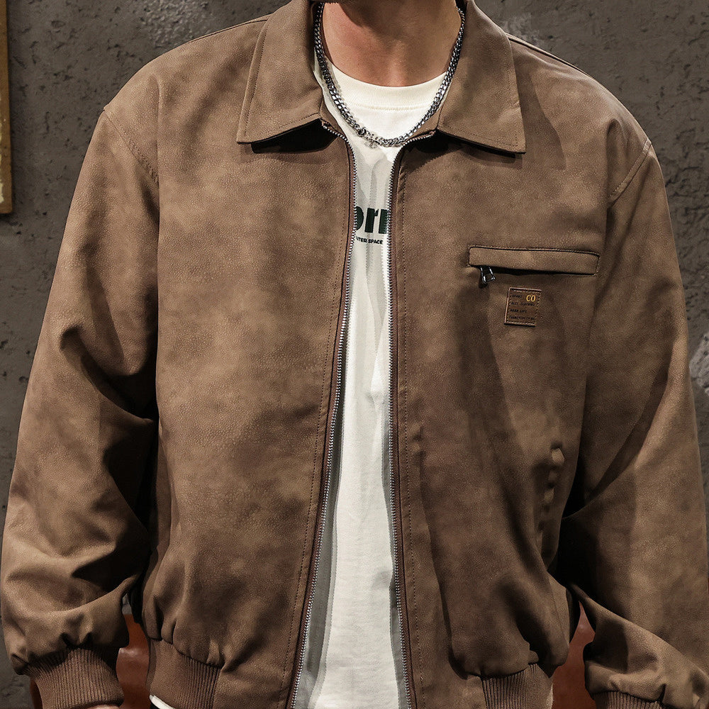 PU皮美拉德色系機車皮衣外套男士潮牌寬松美式復古做舊夾克