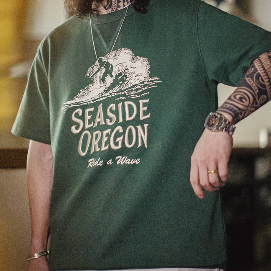 美式復古立體刺繡T恤數碼印花螺紋領口綠色短袖男士夏季