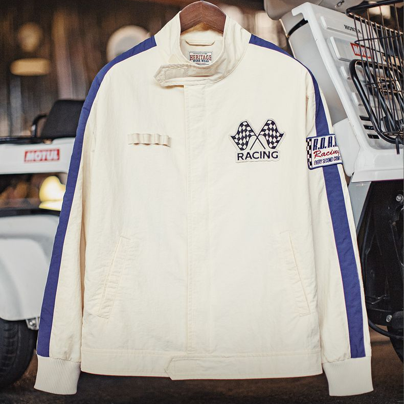 美式復古拼色刺繡賽車夾克F1車手服休閒棒球領外套男春