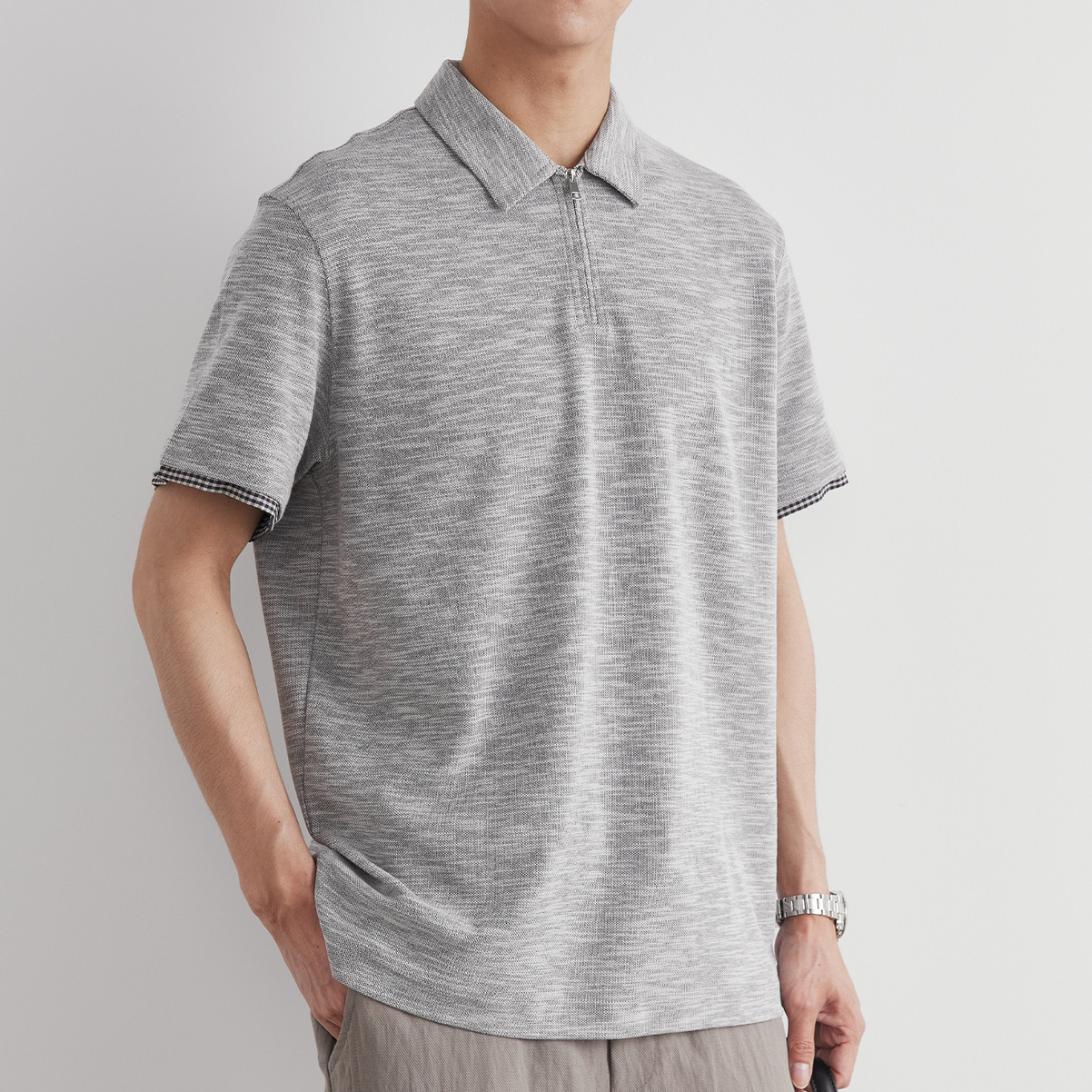 格紋袖口撞邊Polo衫男夏季半拉鍊高彈透氣簡約百搭短袖上衣