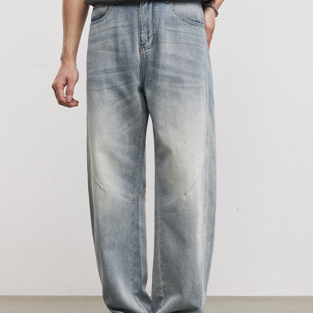 極簡線條彎刀牛仔褲男夏季寬鬆直筒做舊水洗漸變美式復古長褲