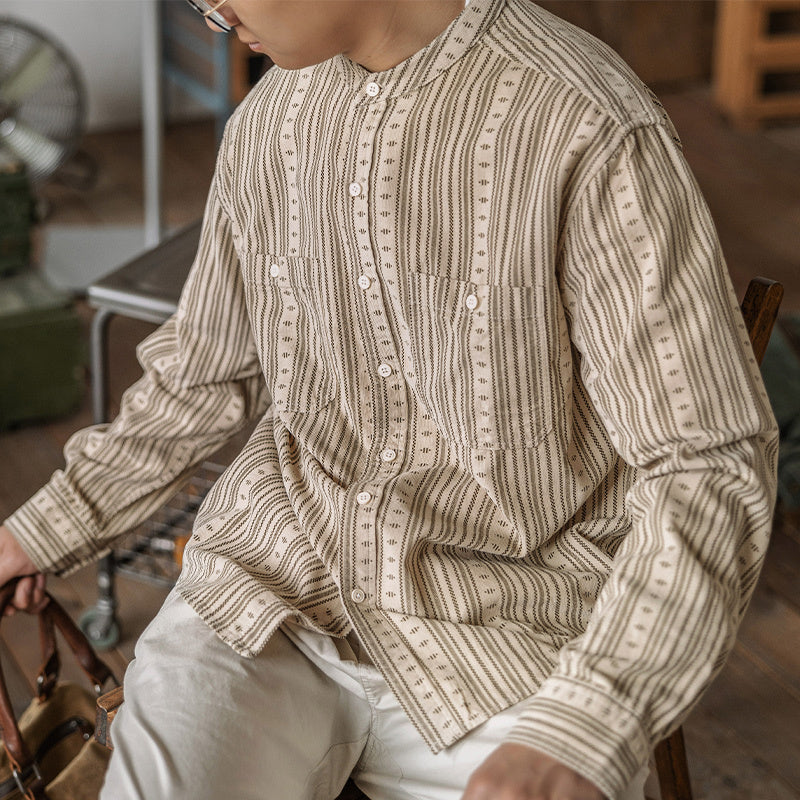 美式民族風圓領長袖襯衫男 條紋亨利立領寬松襯衣秋