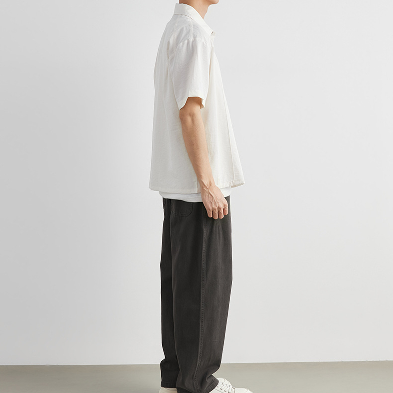 簡約輕薄古巴領短袖襯衫男夏季寬鬆落肩款日系休閒透氣襯衣