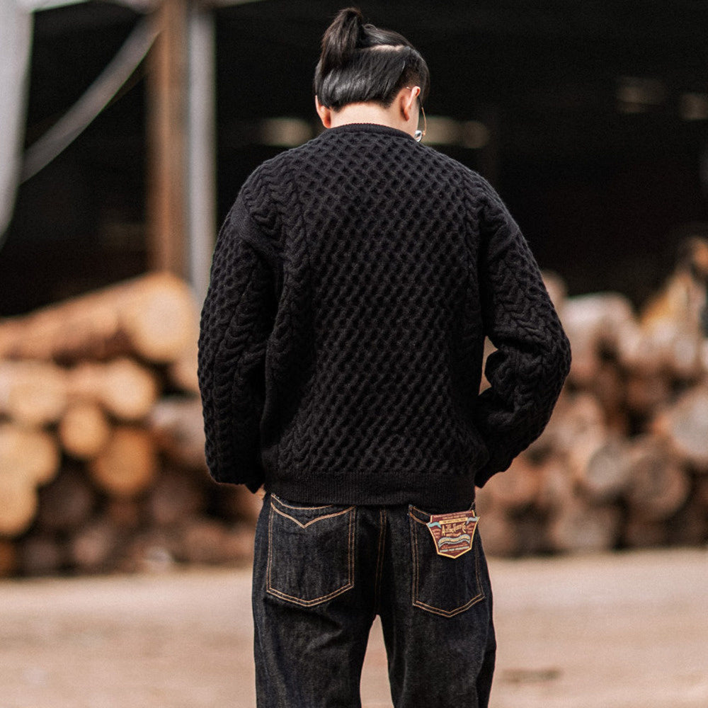 靛海阿美咔叽麻花寬松圓領針織衫男美式落肩套頭毛衣秋冬