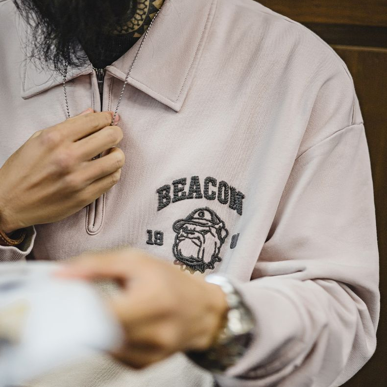 美式復古立體刺繡半開襟衛衣休閒翻領套頭polo衫上衣男春