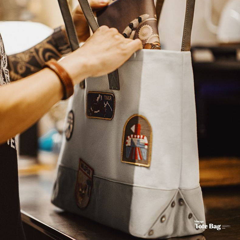 美式復古章仔刺繡托特包大容量手提包相機電腦單肩包男女