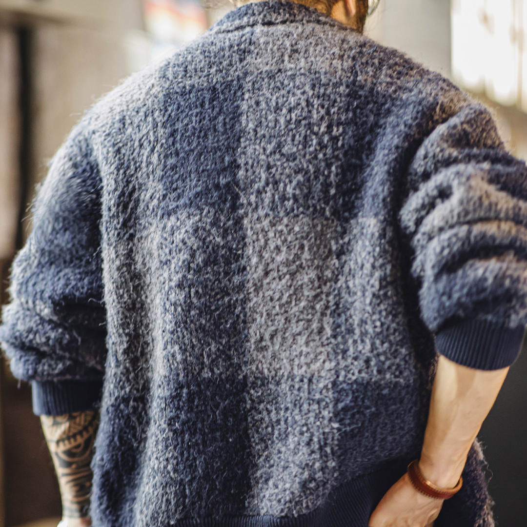 美式復古水牛格子毛織外套混紡翻領格紋開衫夾克男秋