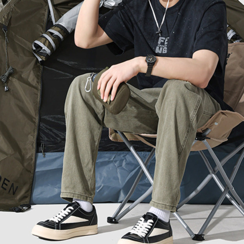 重工水洗純棉牛仔褲男春季新款寬松直筒休閑長褲