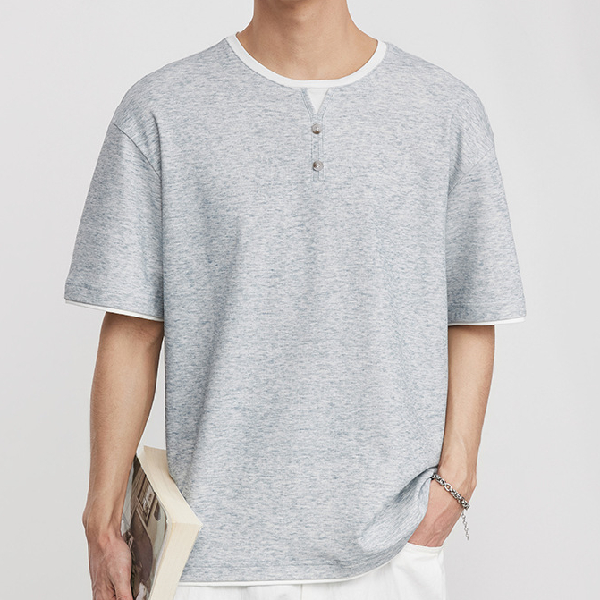 意式老錢風假兩件復古亨利領針織短袖T恤男美式純色休閒春夏