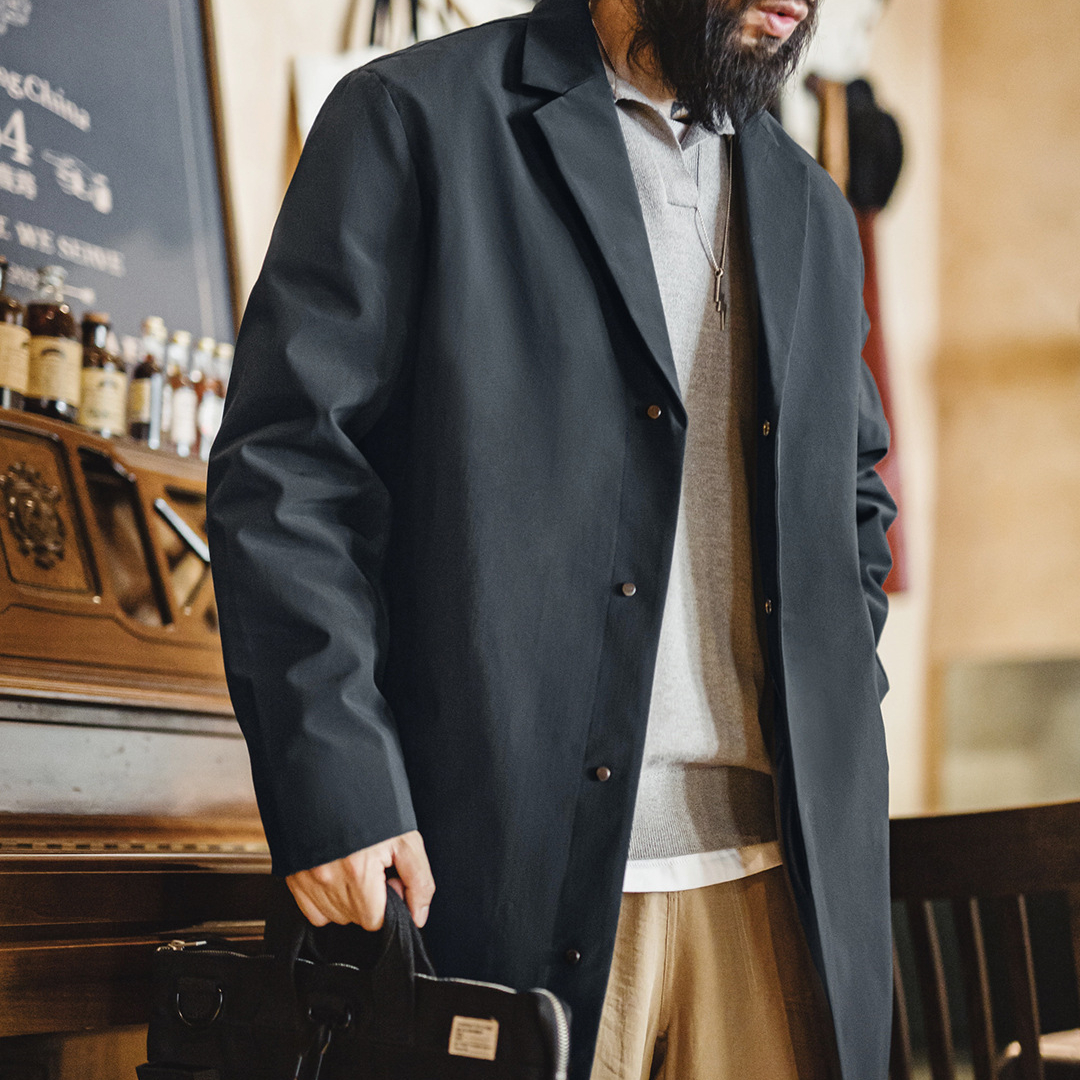 美式復古薄款通勤風衣英倫中長款藍色翻領大衣外套男秋季