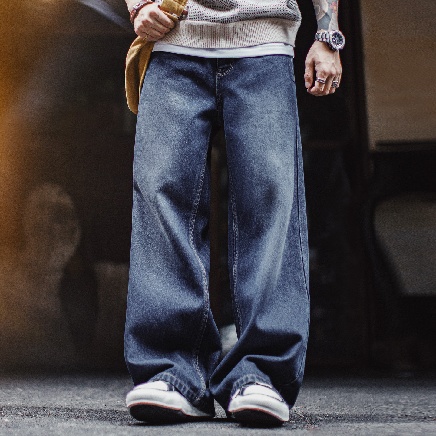 美式復古水洗彎刀牛仔褲丹寧闊腿垂感拖地休閒長褲子男秋