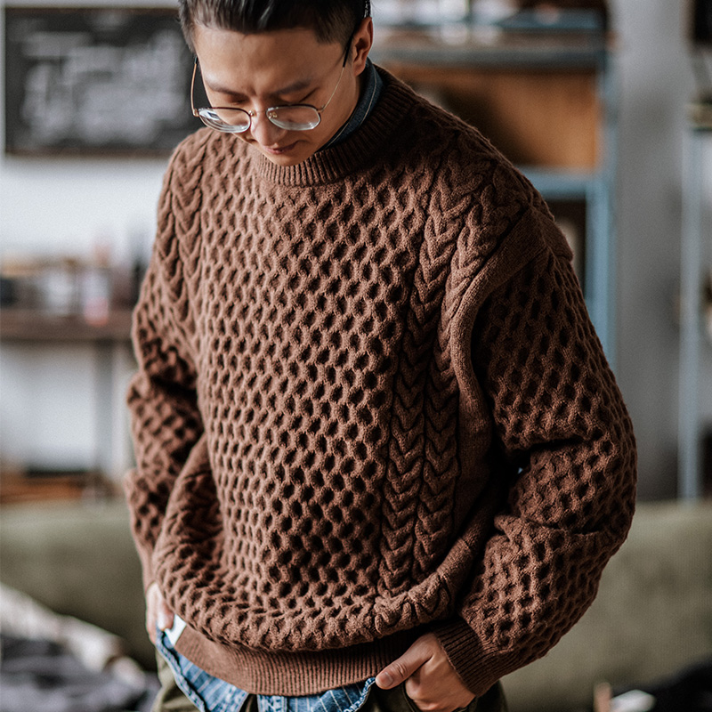 靛海阿美咔叽麻花寬松圓領針織衫男美式落肩套頭毛衣秋冬