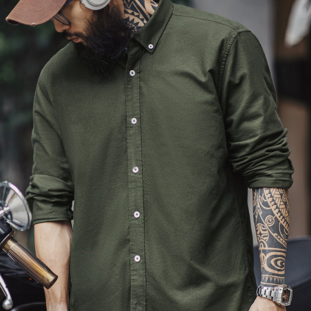 美式休閒純色牛津紡襯衫長袖外套純棉牛津布薄款襯衣男秋