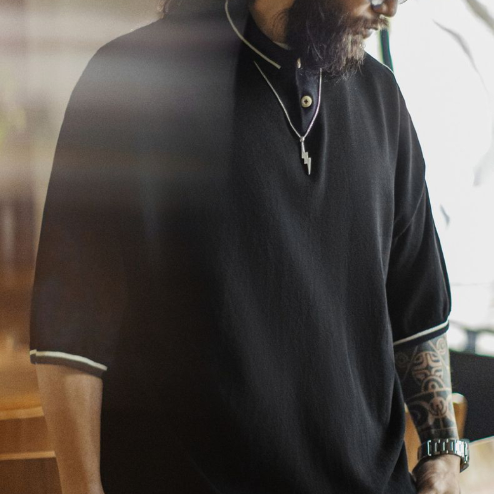 美式機能polo衫條紋老錢風山系黑色T恤寬鬆垂感短袖男夏