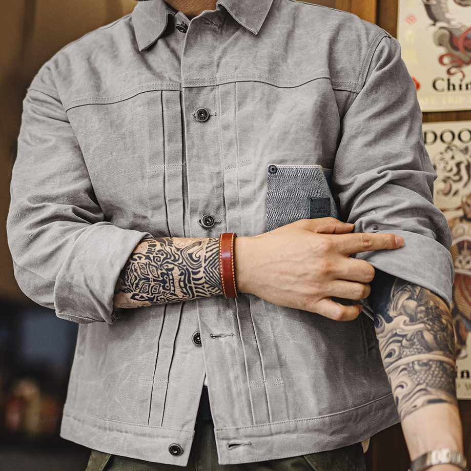 美式復古油蠟夾克vintage純棉獵裝硬挺灰色二代外套男秋