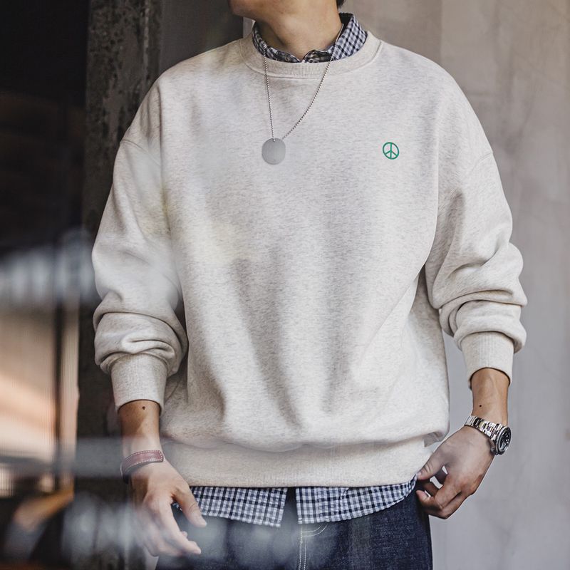 美式休閒灰色圓領加絨衛衣基礎寬鬆落肩打底上衣男秋冬季