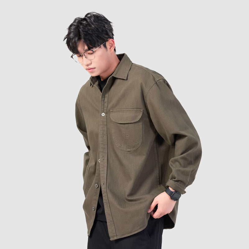 春季新款美式竹節紋垂感多口袋工裝襯衫男士獵裝襯衣