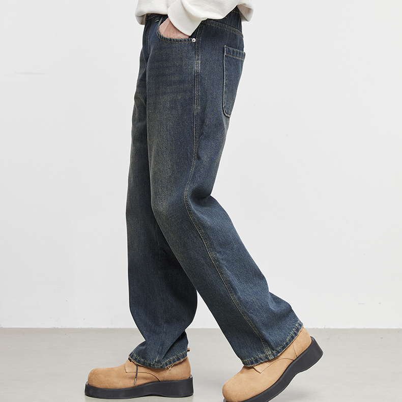 復型男士復古加絨直筒牛仔褲秋冬寬鬆休閒潮流做舊闊腿褲