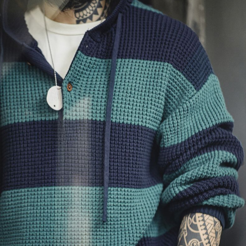 美式休閒撞色條紋連帽針織衫學院風毛衣寬鬆套頭衛衣男秋