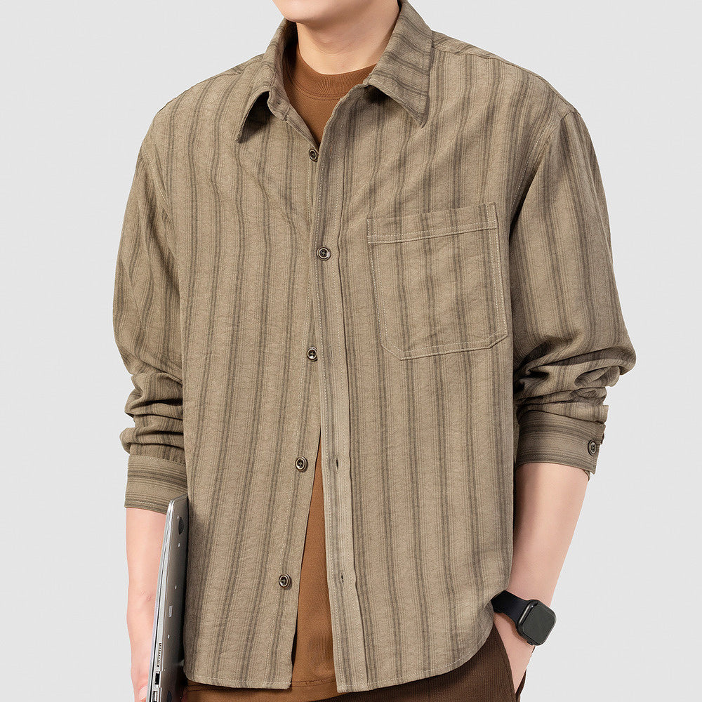 春季新款銅氨絲條紋襯衫男美式潮牌抗皺柔順長袖襯衣