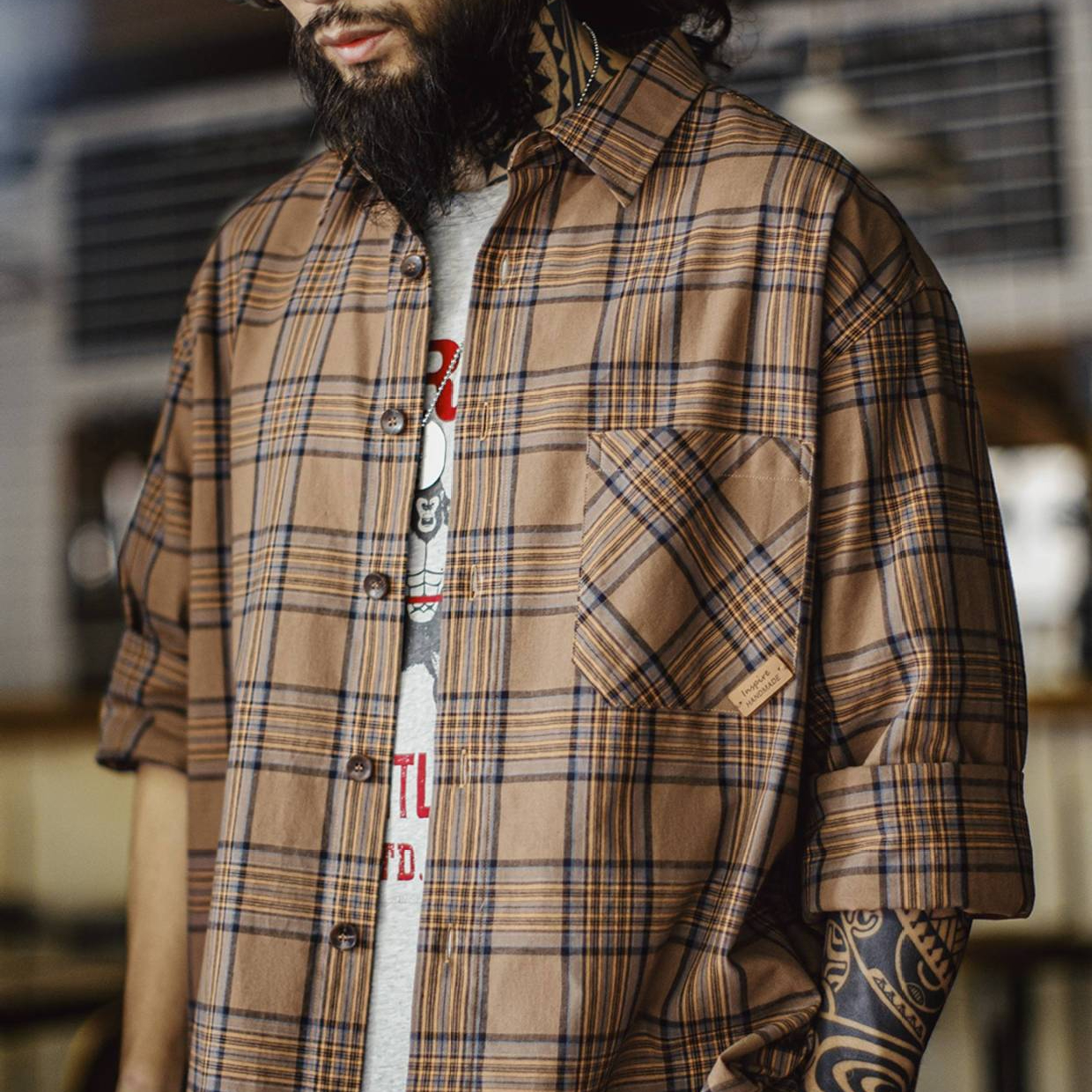 美式復古格子襯衫薄款長袖純棉外套式棕色格紋襯衣男夏秋