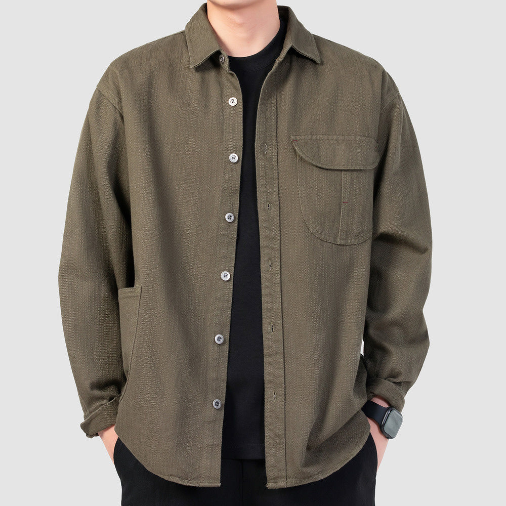 春季新款美式竹節紋垂感多口袋工裝襯衫男士獵裝襯衣