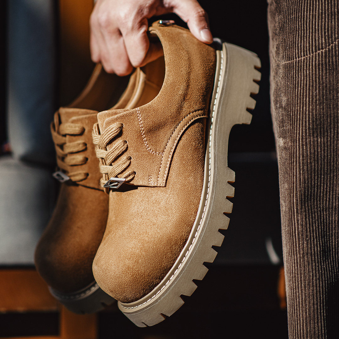 棕色德比大黃靴子低幫厚底美式增高通勤工裝大圓頭皮鞋男款