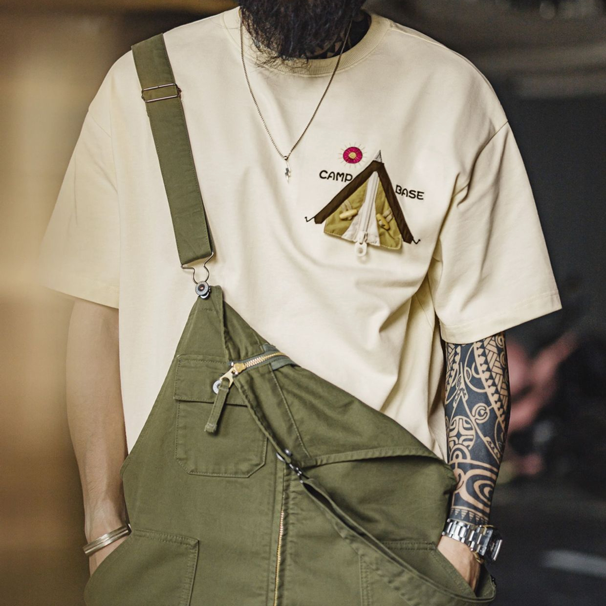 美式創意刺繡T恤米白色純棉重磅半袖螺紋領口短袖男夏季