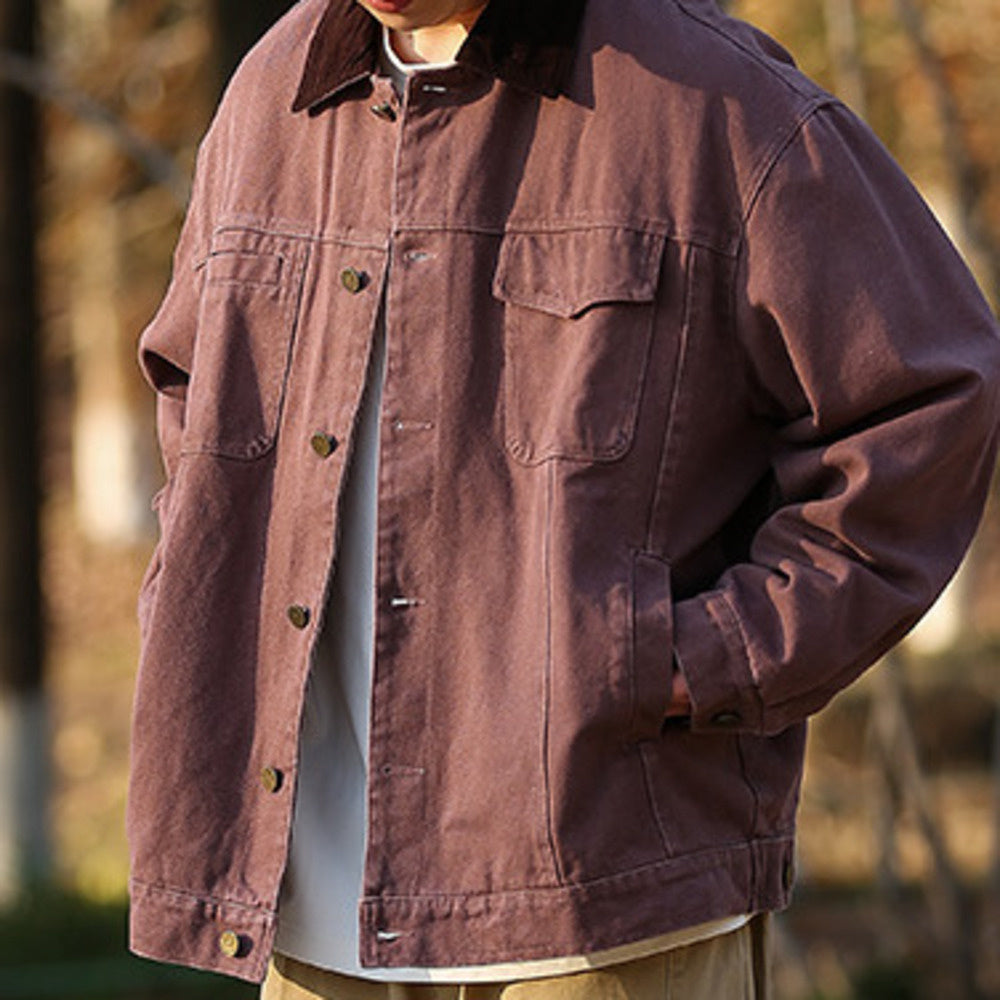秋季翻領純色牛仔夾克男女寬松復古底特律多口袋工裝外套
