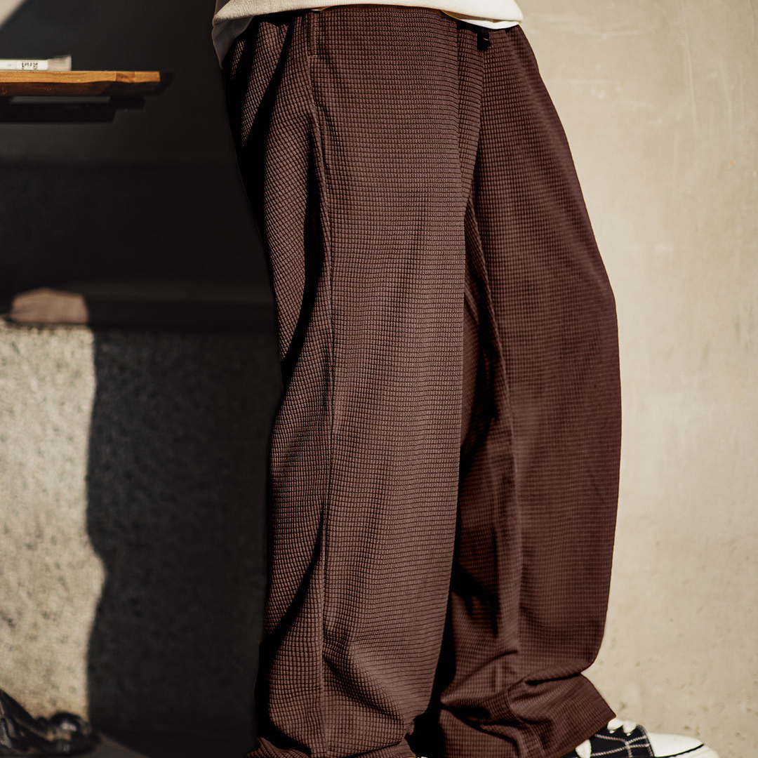 美式方格黃色玉米絨休閒褲直筒抽繩束腳寬鬆長褲子男款春