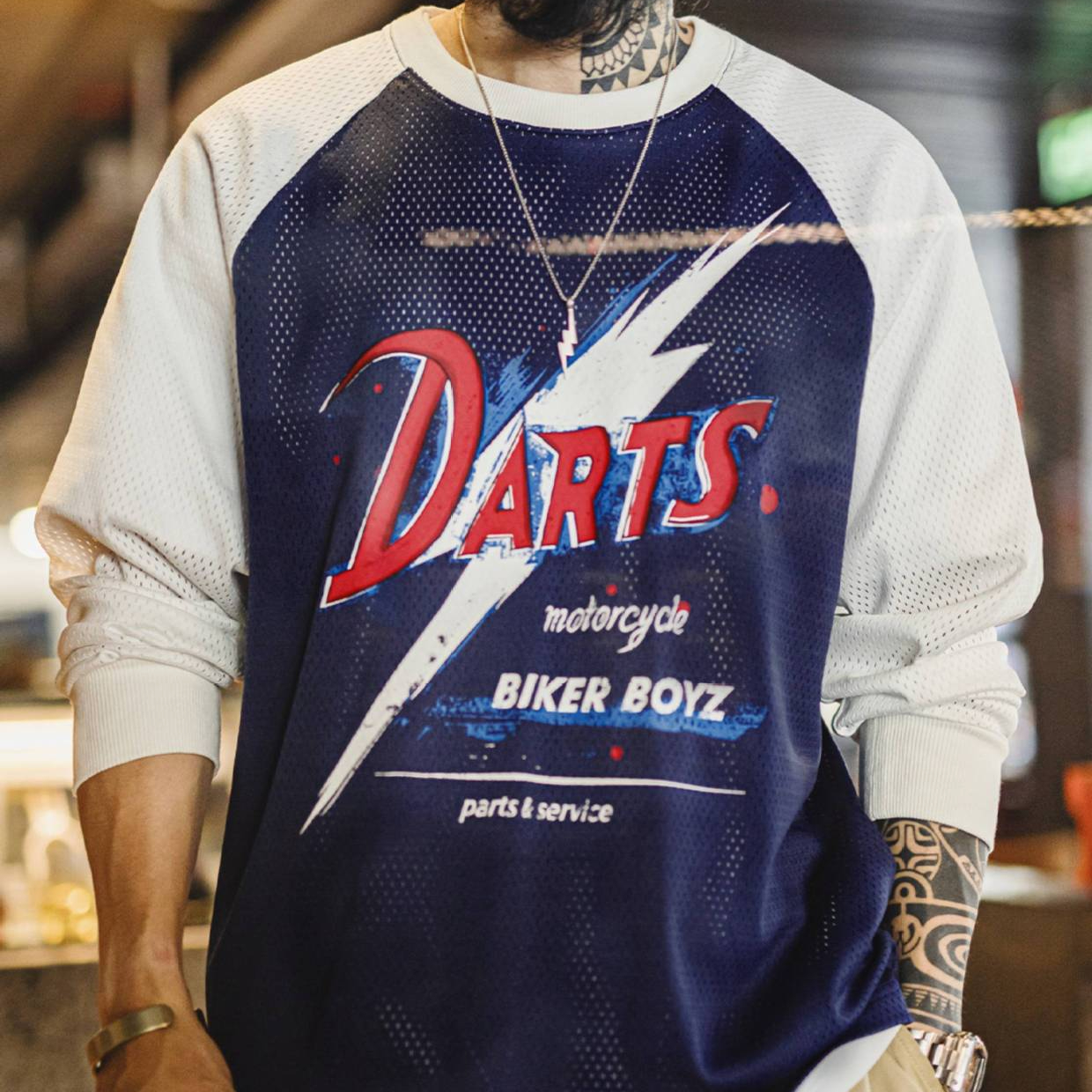 美式印花長袖T恤鏤空撞色針織插肩袖垂感套頭衛衣男夏秋