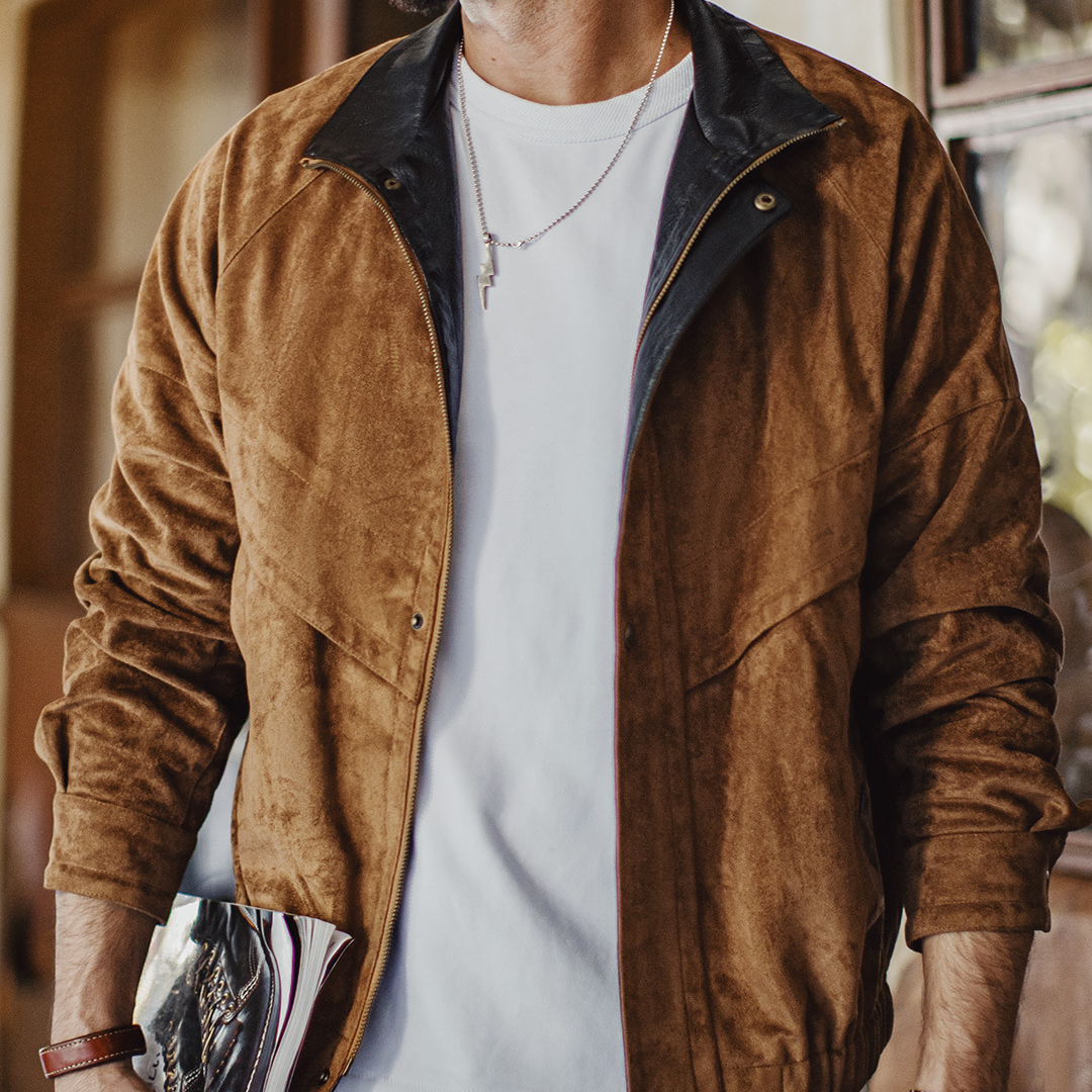 美式復古麂皮絨教練夾克立領短款美拉德翻毛皮外套男秋