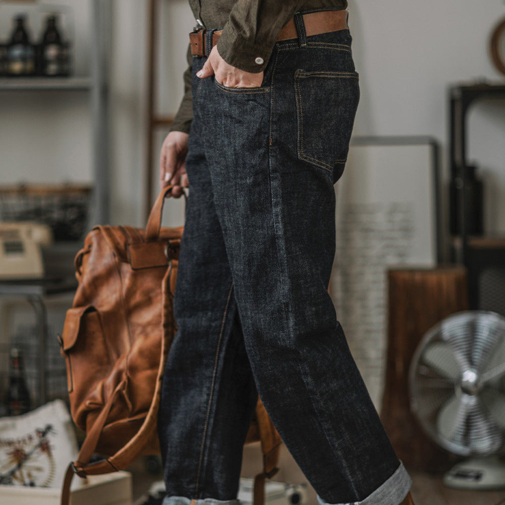 阿美咔叽丹寧復古赤耳脫漿牛仔褲 美式直筒寬松原牛色長褲