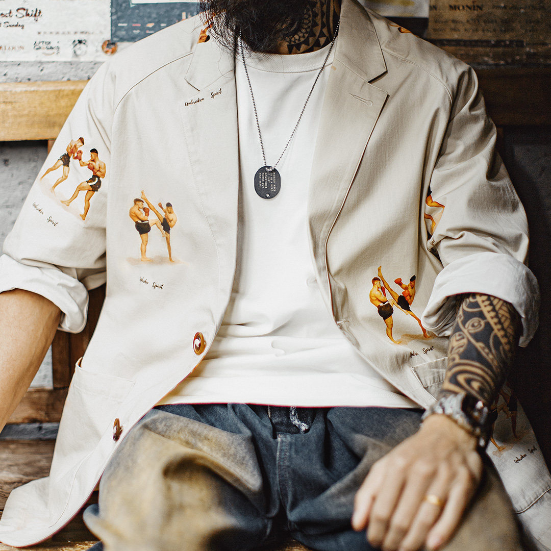 美式休閒平駁領西裝印花外套白色西服純棉長袖襯衫男款春