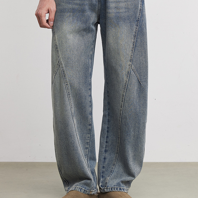 美式潮流復古水洗彎刀牛仔褲春季男士立體裁剪百搭寬鬆闊腿褲