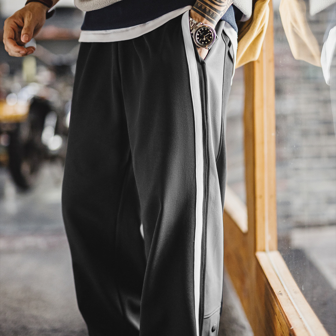 美式籃球排扣褲直筒運動衛褲休閒黑色條紋長褲子男款秋冬