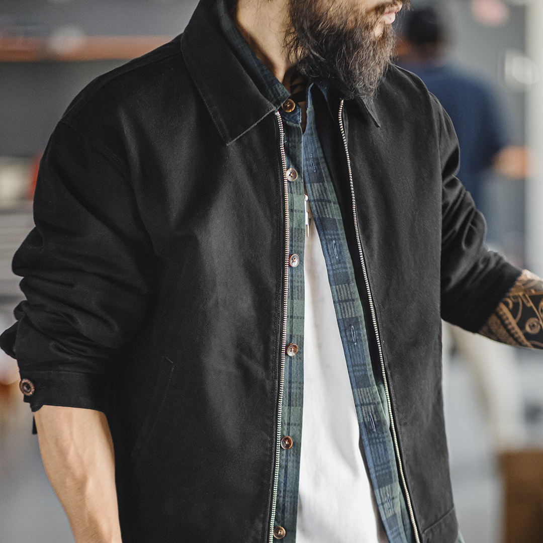 美式教練夾克翻領痞帥硬挺重磅短款黑色廓形純棉外套男秋