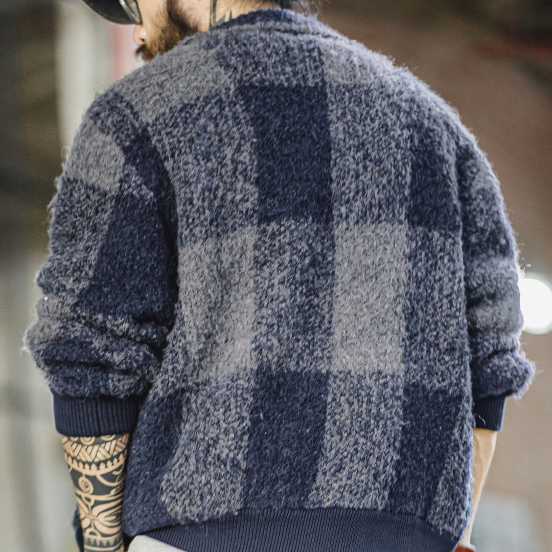 美式復古水牛格子毛織外套混紡翻領格紋開衫夾克男秋