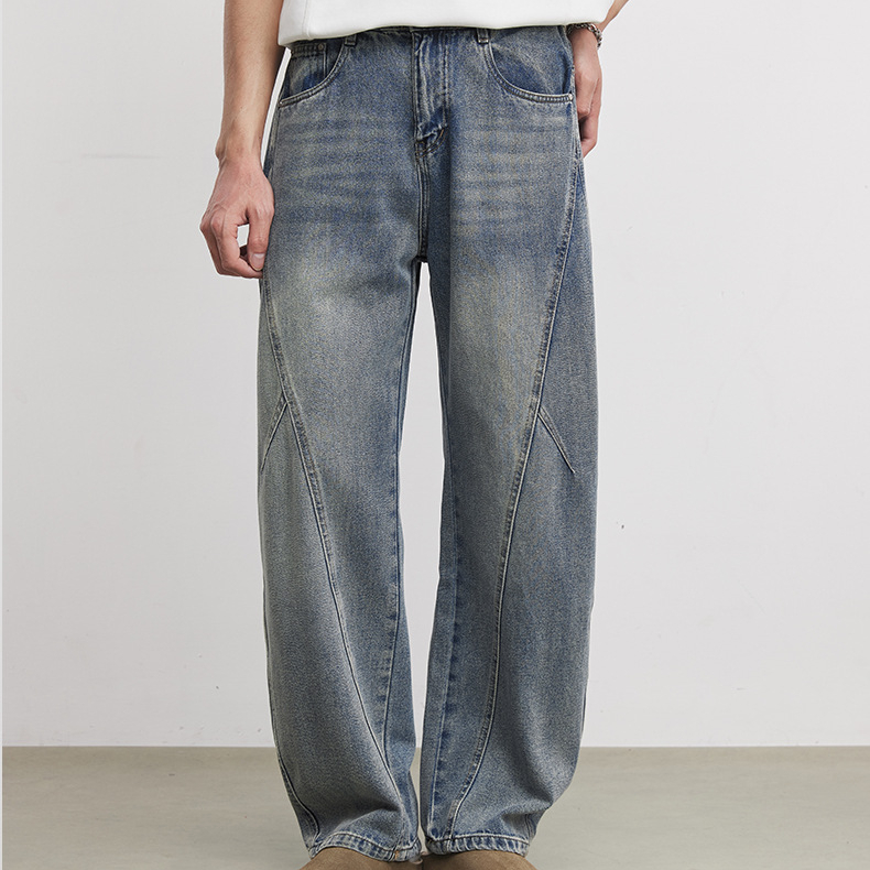 美式潮流復古水洗彎刀牛仔褲春季男士立體裁剪百搭寬鬆闊腿褲