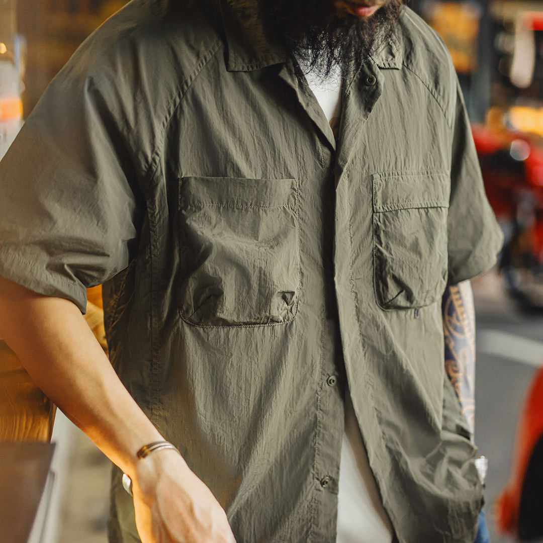 山系戶外短袖襯衫速幹黃色肌理感薄款日系口袋襯衣男款夏