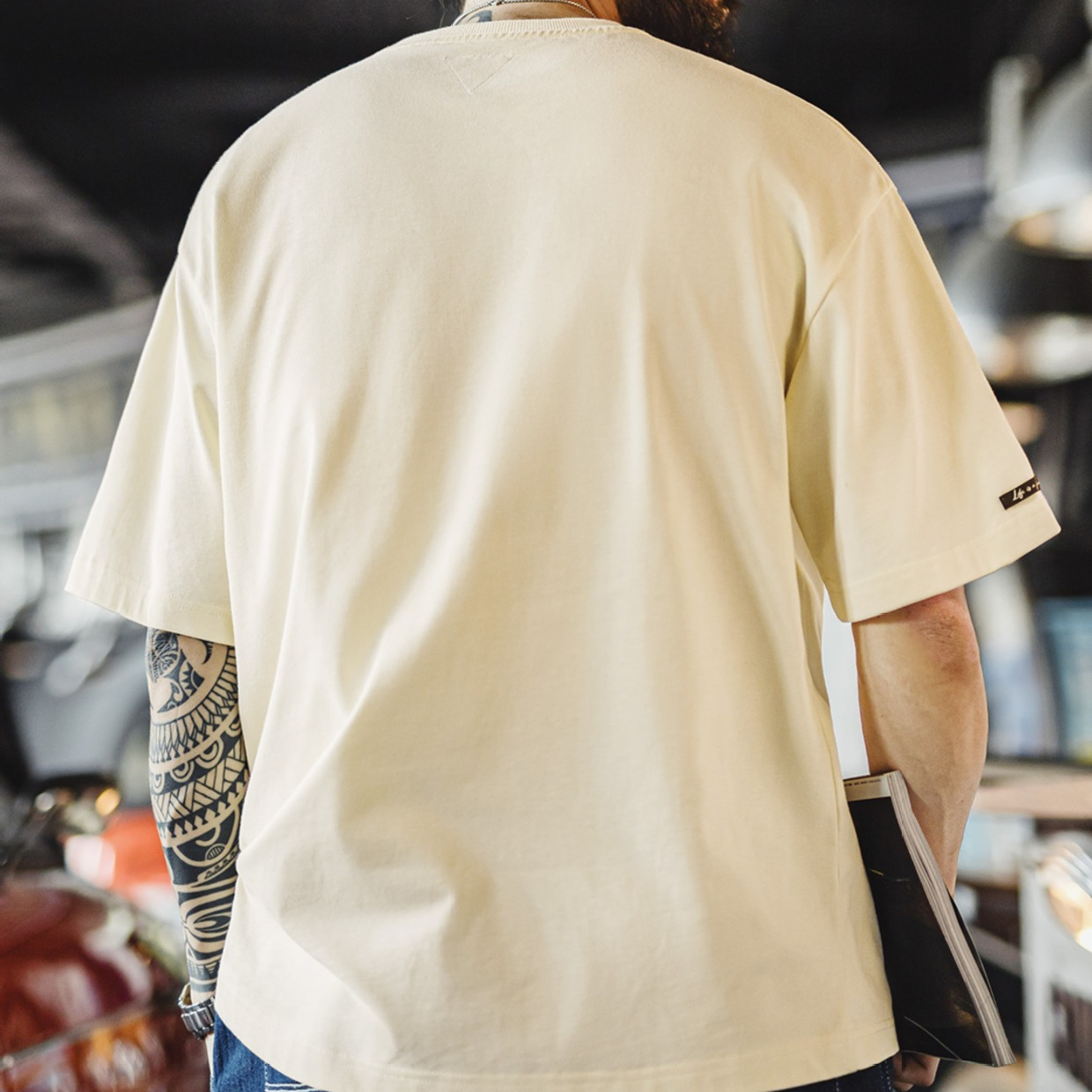 美式創意刺繡T恤米白色純棉重磅半袖螺紋領口短袖男夏季