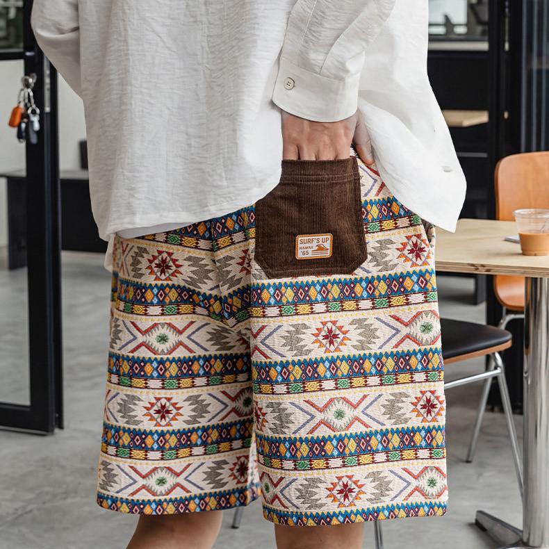 納瓦霍針織提花短褲夏威夷民族度假風沙灘撞色五分中褲夏