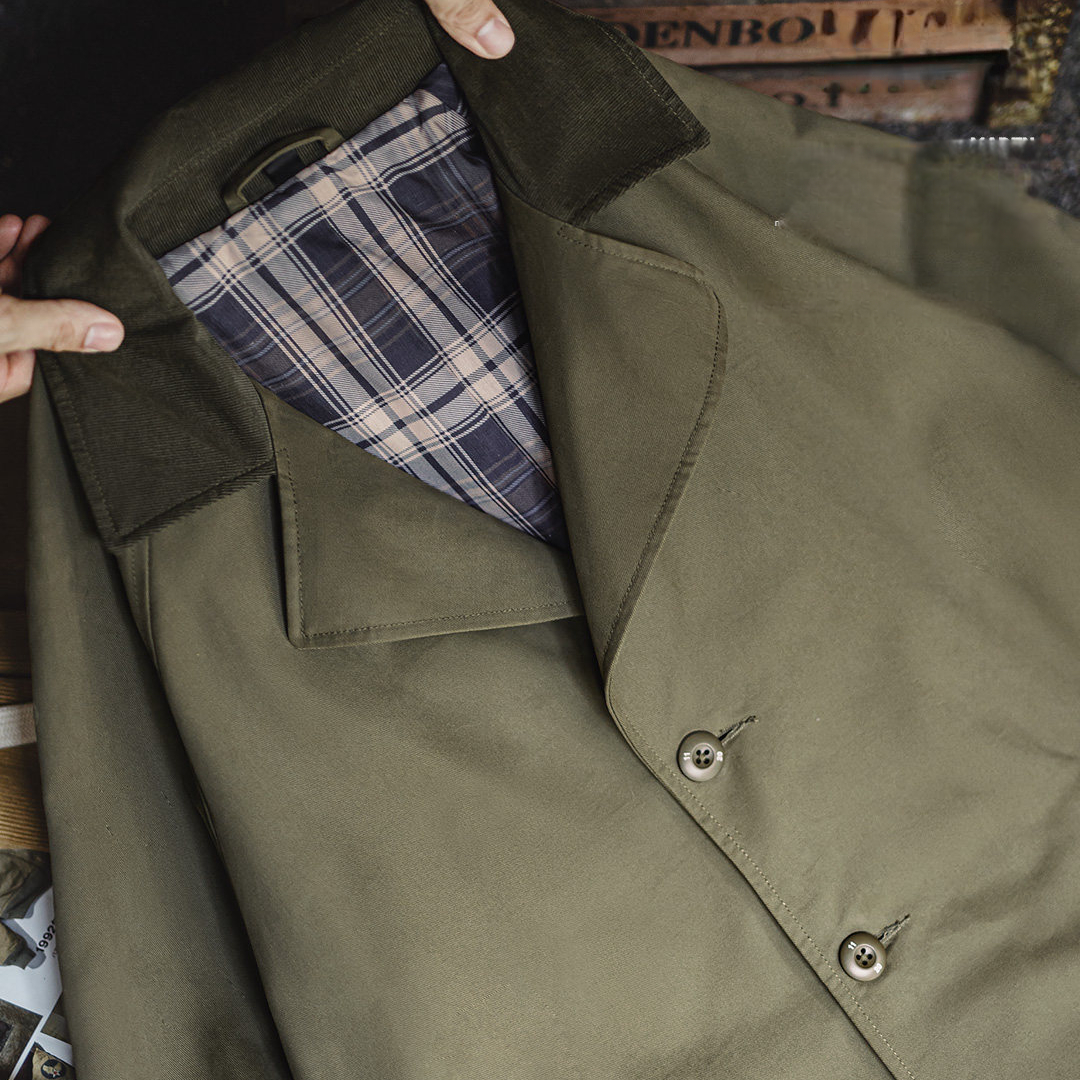 美式復古戰壕風衣軍綠色中長款翻領純棉大衣外套男款春