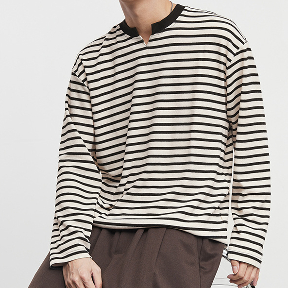 美式小V領210g條紋長袖簡敘T恤男秋冬季新款打底衫上衣潮